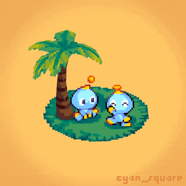 2others, 3d_background, animated, animated_gif, artist_name, aseprite_(medium), blender_(medium), blinking, chao_(sonic), closed_eyes, commentary, cyan_square, dancing, english_commentary, grass, leaf, low_poly, mixed_media, multiple_others, neutral_chao, orb, other_focus, palm_tree, pixel_art, sitting, sonic_(series), sonic_adventure_2, tree, voxel_art, yellow_background
