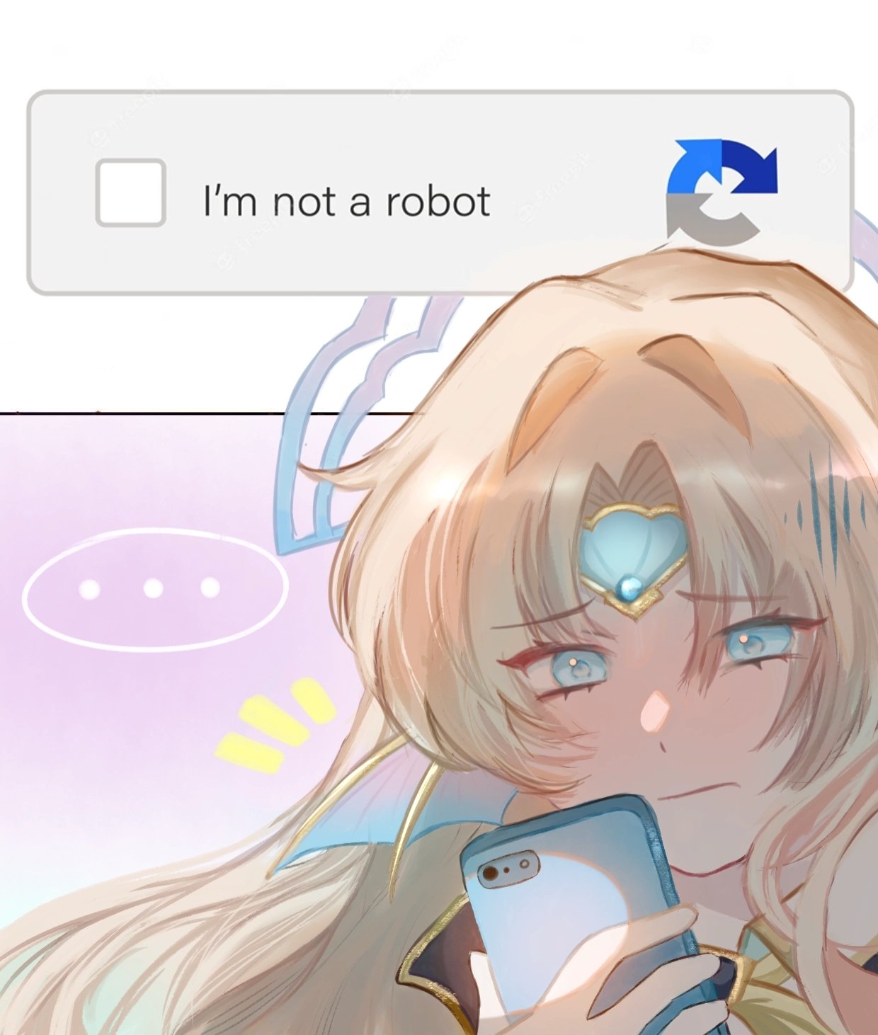 ..., 1girl, blonde_hair, blue_eyes, captcha, cellphone, closed_mouth, cqffins