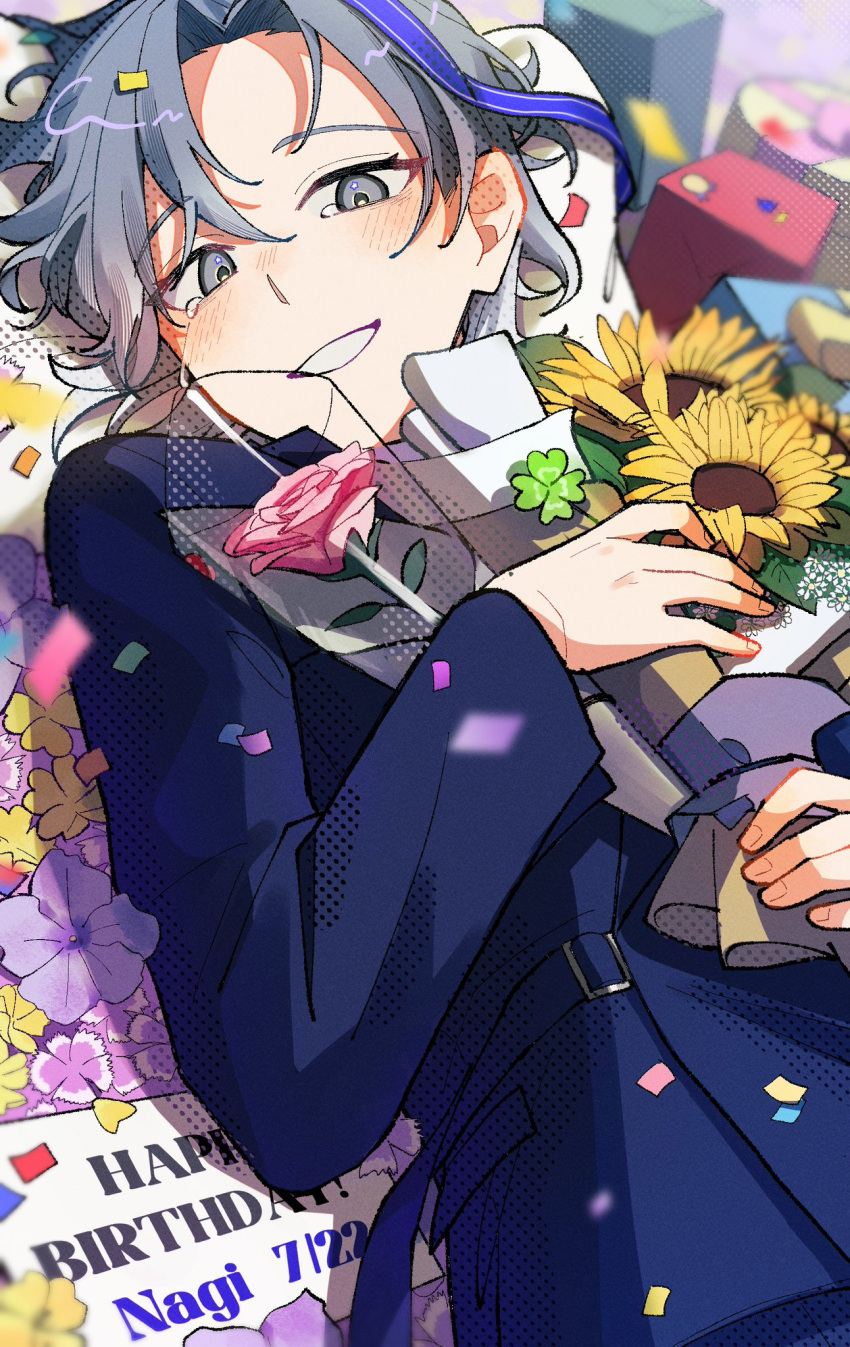 18trip, 1boy, blue_jacket, blush, buckle, commentary, confetti, dated