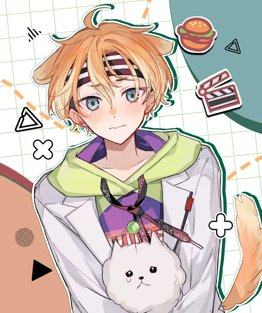 18trip, 1boy, ahoge, animal_ears, blue_eyes, blush, burger, circle
