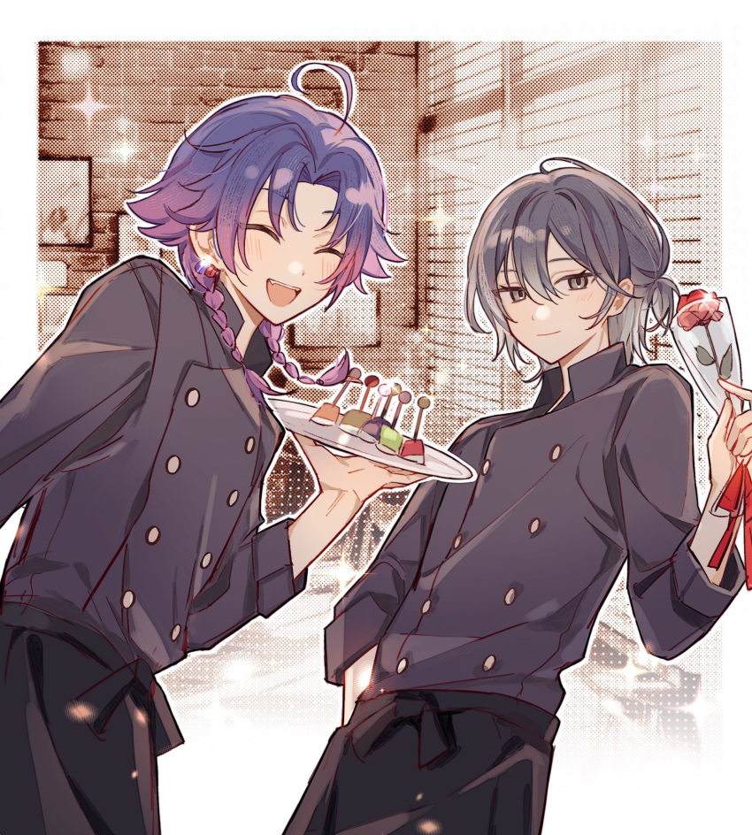 18trip, 2boys, ahoge, apron, arm_up, black_apron, black_shirt, blush