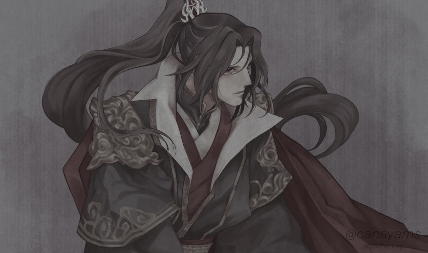 1boy, armor, artist_name, brown_hair, canayams, cape, chinese_clothes, commentary, dim_lighting, english_commentary, frown, grey_background, grey_eyes, grey_robe, grey_theme, hair_ornament, high_collar, high_ponytail, highres, layered_sleeves, long_hair, long_sleeves, male_focus, mu_qing_(tianguan_cifu), muted_color, parted_bangs, parted_lips, ponytail, red_cape, red_robe, robe, short_over_long_sleeves, short_sleeves, shoulder_armor, solo, tianguan_cifu, upper_body, very_long_hair, watermark, white_robe, wide_sleeves, xiao_guan_(headdress)
