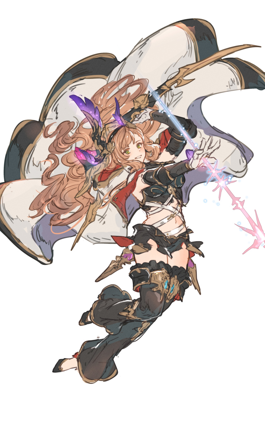 1girl, absurdres, arrow_(projectile), asymmetrical_bangs, bell-bottoms, bow_(weapon), bridal_garter, brown_eyes, brown_hair, cape, detached_pants, full_body, granblue_fantasy, hair_ornament, head_wings, highres, pants, shimatani_azu, solo, tweyen_(granblue_fantasy), weapon, white_background, wings, wrist_straps
