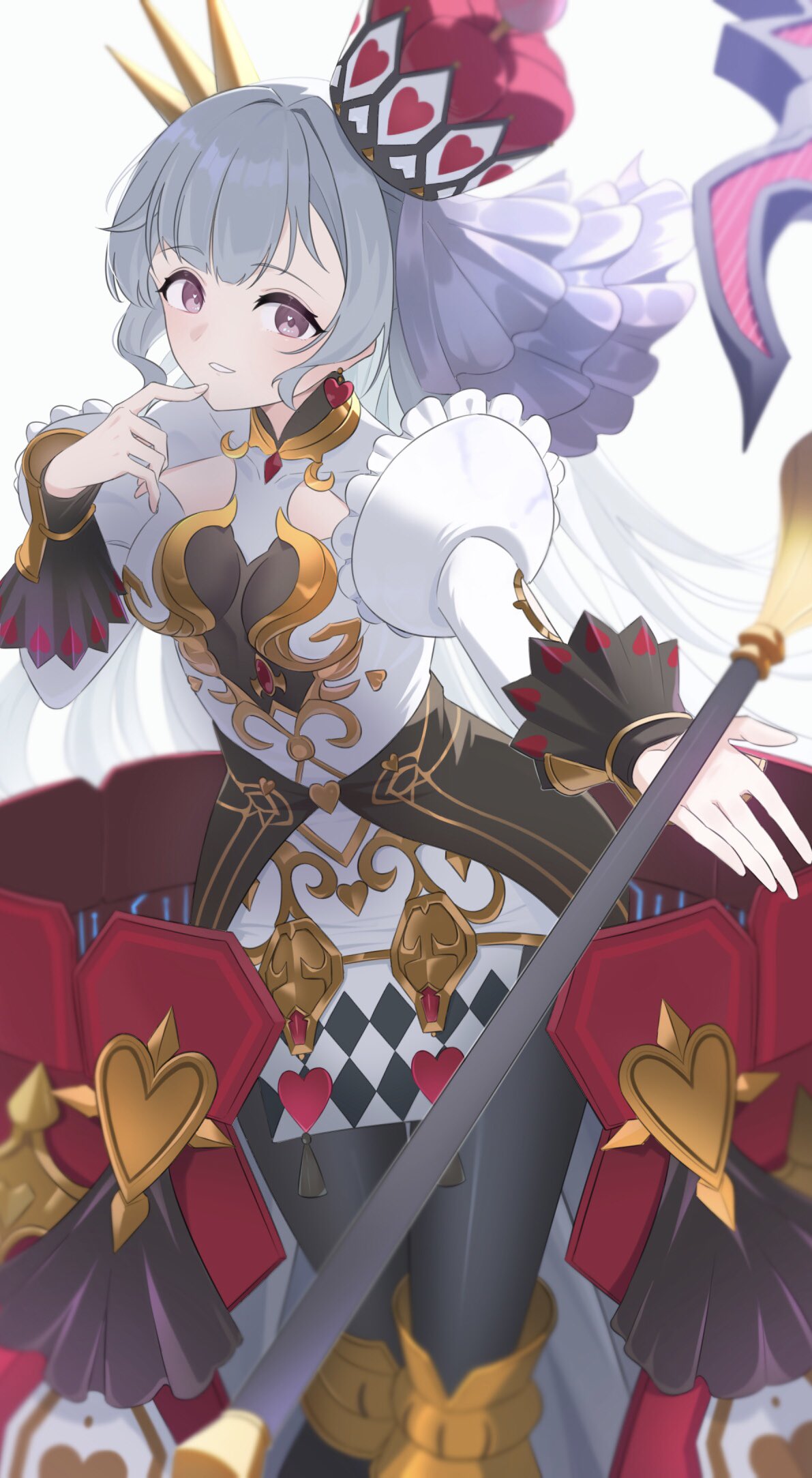 1girl, black_pantyhose, breasts, cowboy_shot, crown, dress, duel_monster, grey_hair, heart, heichi, highres, large_breasts, long_hair, malice<q>hearts_of_crypter, medium_breasts, pantyhose, rabbit, red_eyes, white_dress, yu-gi-oh!