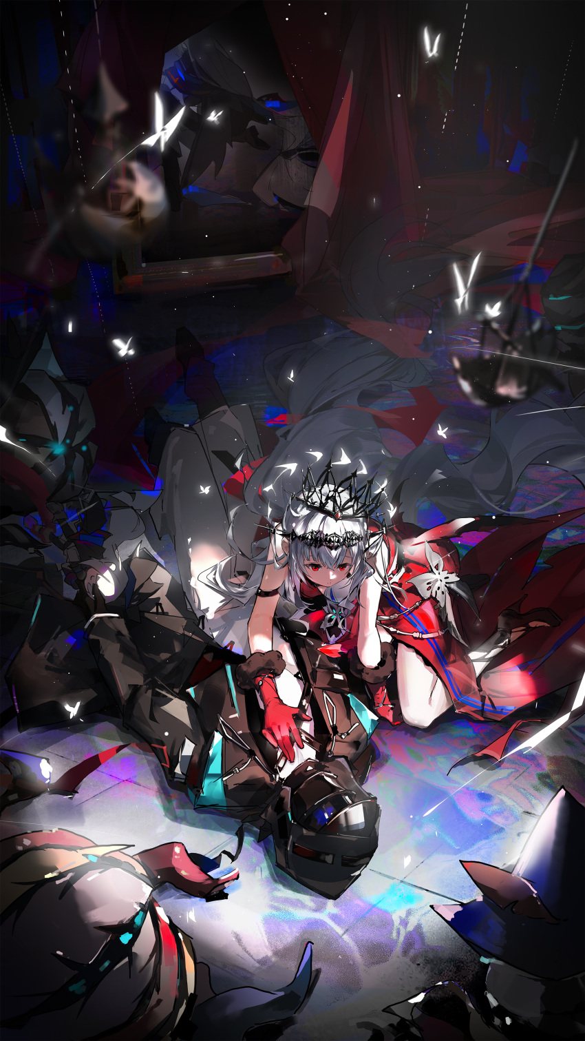 1girl, 1other, absurdres, ambiguous_gender, arknights, black_jacket, crown, daier