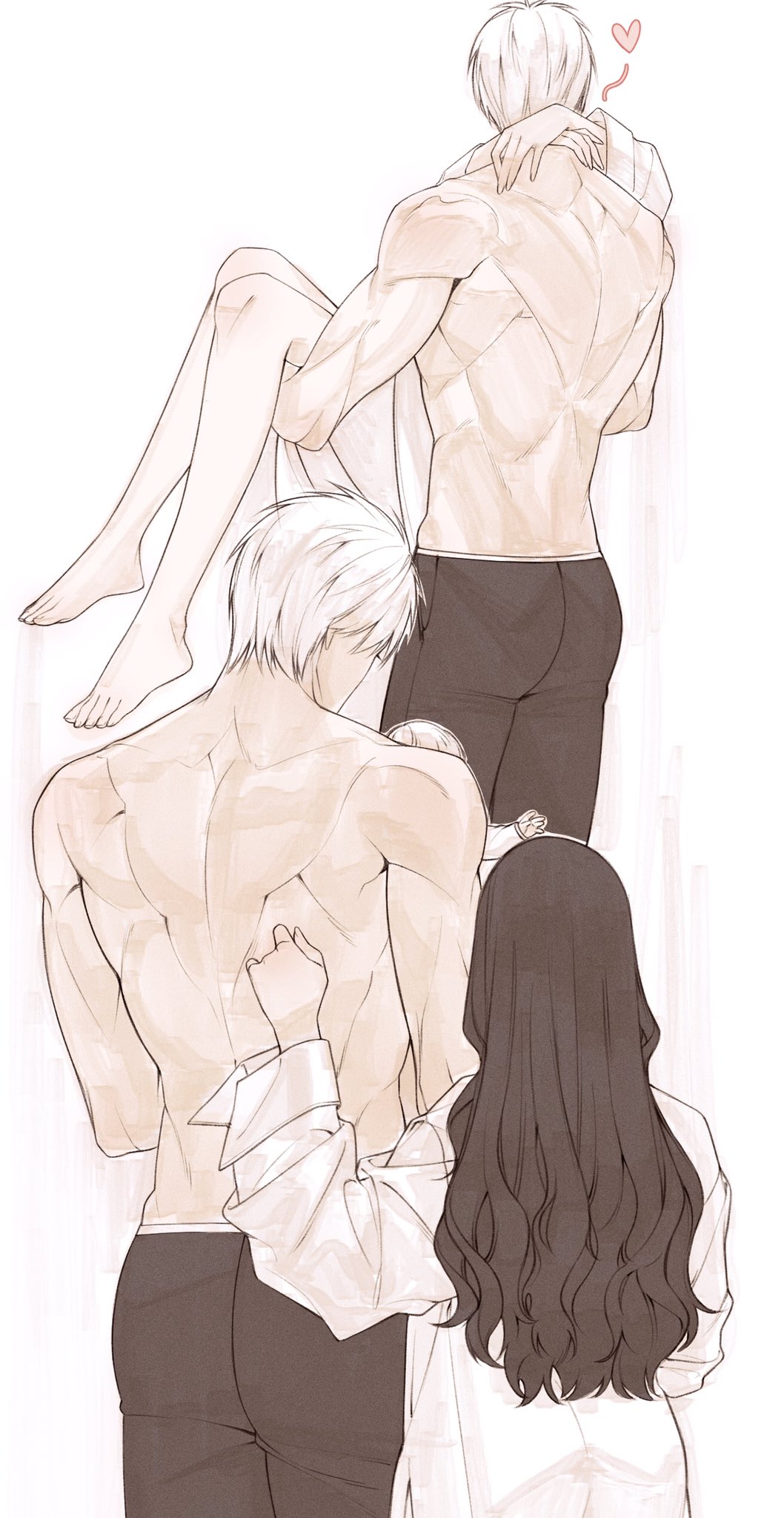 baby, barefoot, black_pants, carrying, cowboy_shot, english_commentary, from_behind, full_body, heart, height_difference, highres, holding_baby, if_they_mated, khaizusan, legs, long_hair, long_sleeves, love_and_deepspace, muscular, muscular_male, pants, princess_carry, protagonist_(love_and_deepspace), shirt, short_hair, standing, sylus_(love_and_deepspace), topless_male, upper_body, wavy_hair, white_background, white_hair, white_shirt