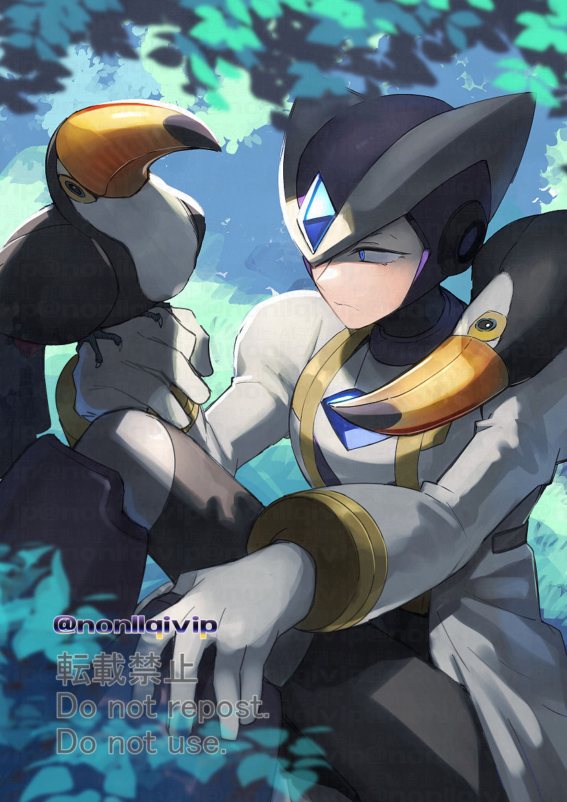 1boy, android, armor, bird, blurry, blurry_foreground, chest_jewel, coat
