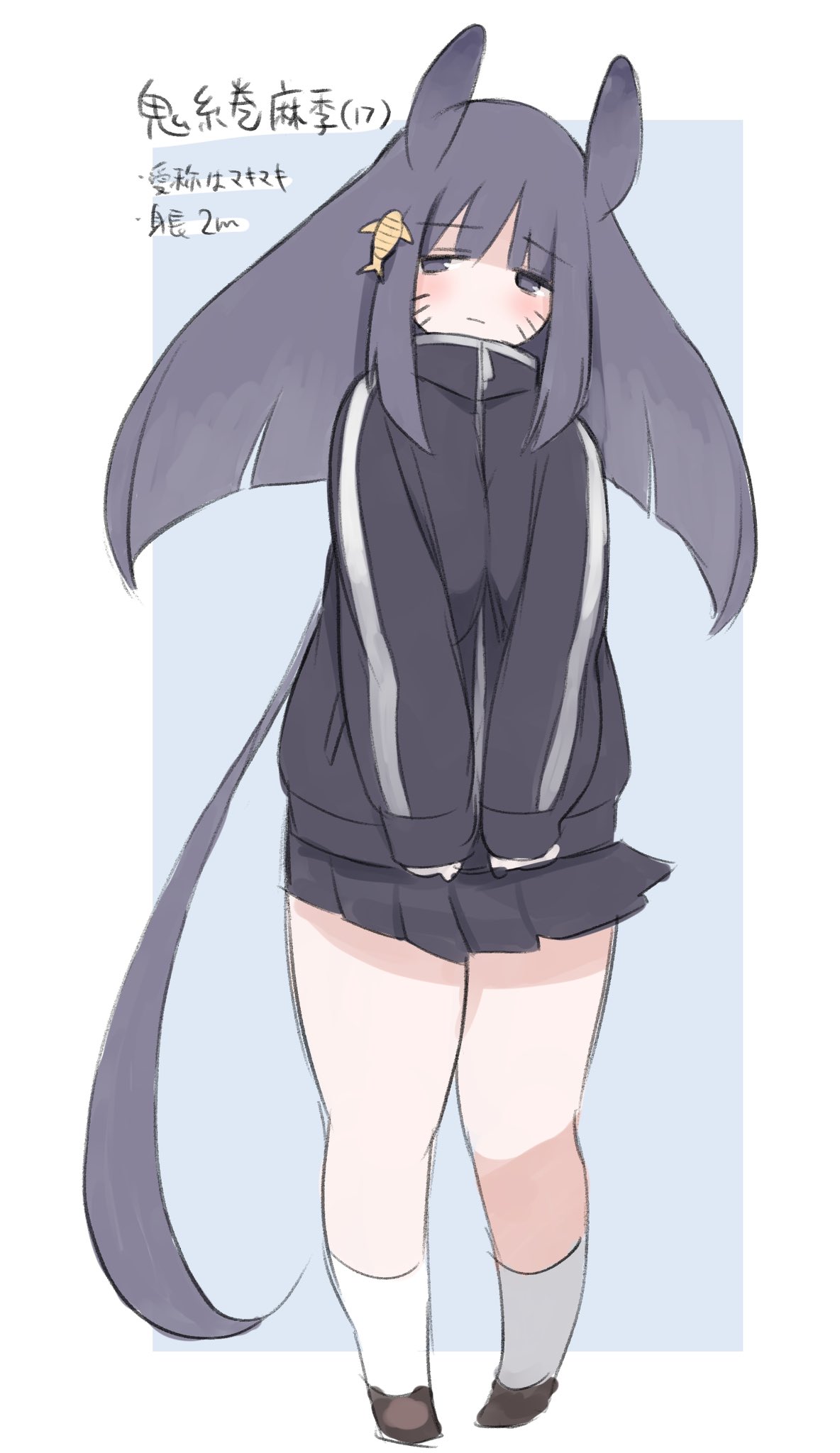 1girl, blush, facial_mark, fish_girl, fish_hair_ornament, grey_eyes, grey_hair, hair_ears