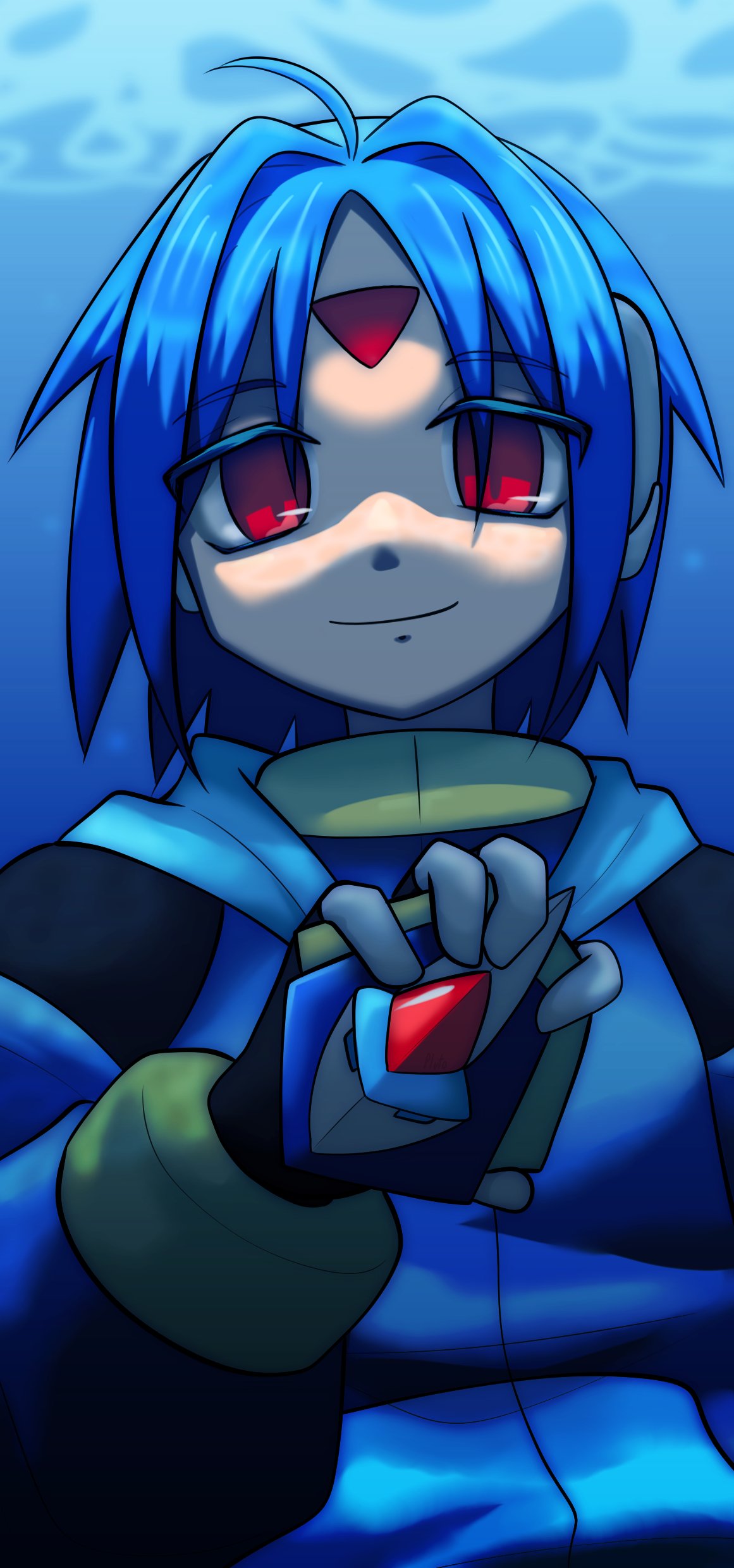 1boy, absurdres, biometal, blue_hair, blue_hoodie, commentary, cyb3r_pegasus, highres
