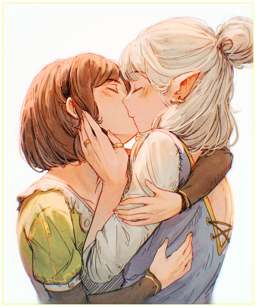 2girls, absurdres, blue_shirt, blush, border, brown_hair, closed_eyes, commentary, earrings, elf, english_commentary, green_eyes, hair_bun, highres, hug, jewelry, kiss, multiple_girls, multiple_rings, original, pointy_ears, profile, ring, shirt, short_hair, simple_background, spindle_(aidenr0), thumb_ring, upper_body, white_background, white_hair, yellow_border, yuri