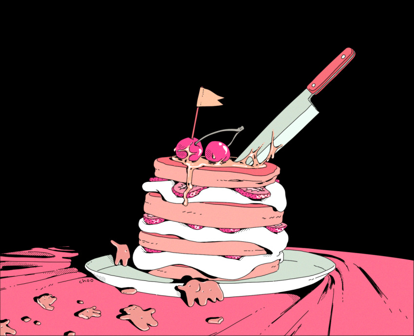 animal_crackers, black_background, cake, cherry, choo, cookie, crumbs, dessert, dripping, flag, food, food_focus, fruit, high_contrast, honey, icing, kitchen_knife, knife, limited_palette, no_humans, original, pancake, pancake_stack, pink_theme, plate, simple_background, strawberry, strawberry_slice, sweets, table, tablecloth, weapon, whipped_cream