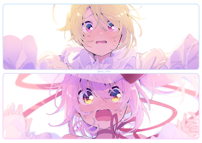 1boy, 1girl, ahoge, amulet_heart, bare_shoulders, blonde_hair, blush, border