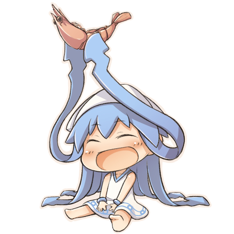 :d, barefoot, chibi, closed_eyes, dress, eyes_closed, gunjima_souichirou, gunjimakoubou, hat, ikamusume, mini-ikamusume, open_mouth, prehensile_hair, shinryaku!_ikamusume, shrimp, simple_background, smile, solo, tentacle_hair