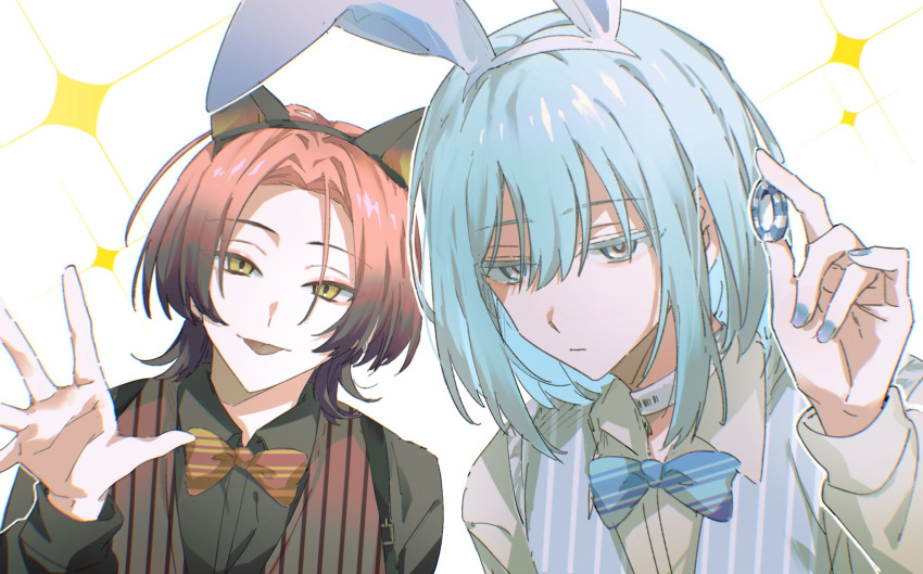 18trip, 2boys, animal_ears, azekawa_kinari, black_shirt, blue_bow, blue_bowtie, blue_eyes