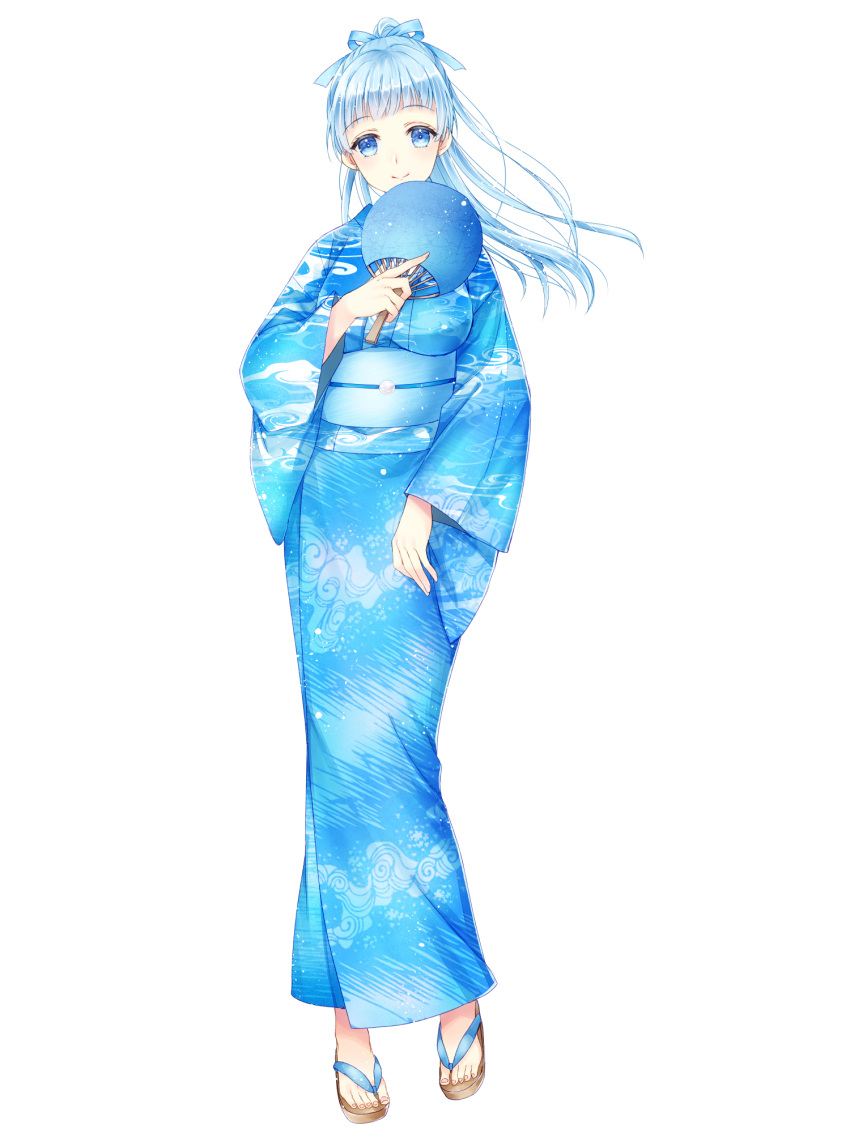 1girl, blue_eyes, blue_hair, blue_kimono, blue_ribbon, breasts, chain_paradox, cloud_print