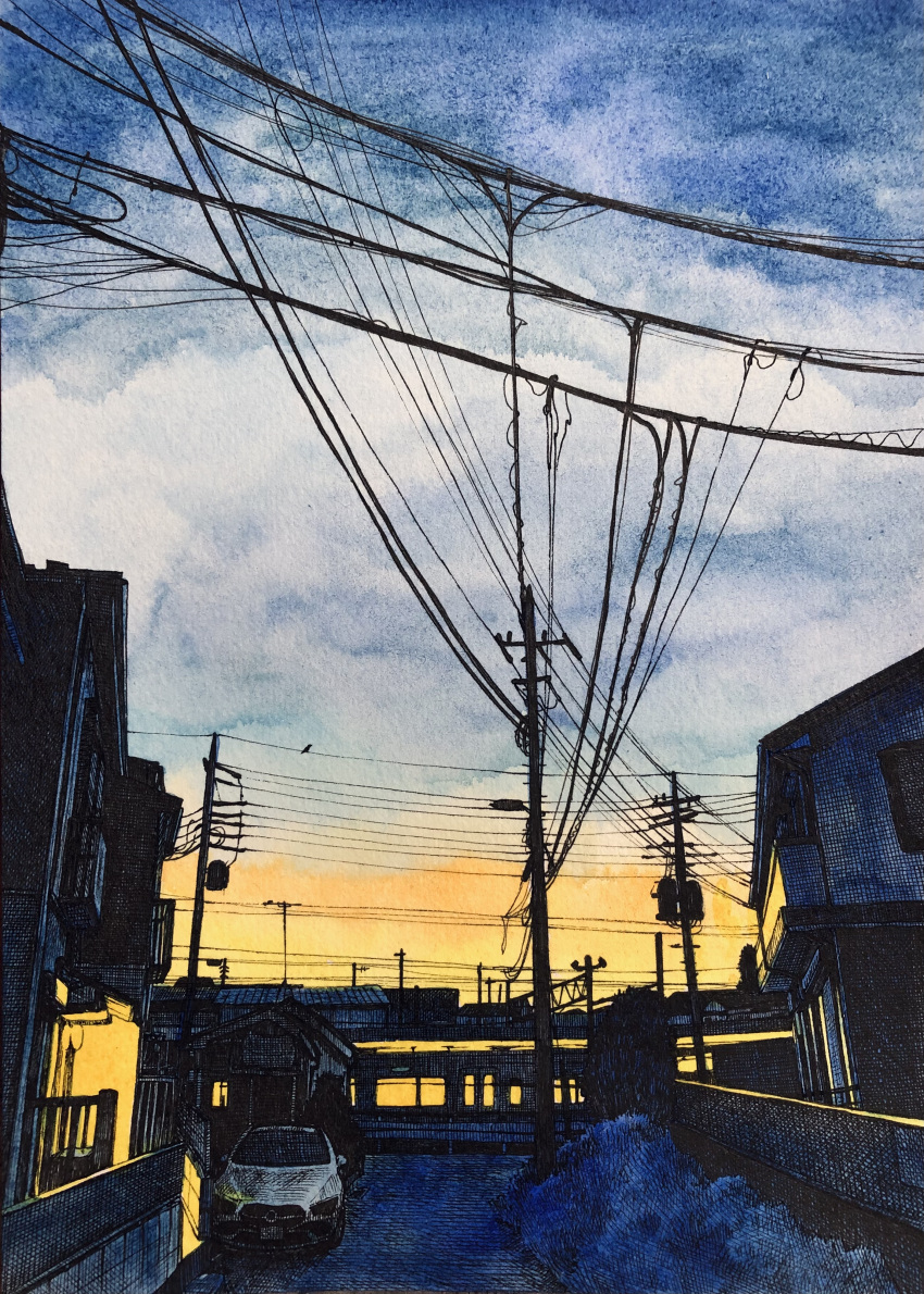 absurdres, blue_sky, building, car, clouds, cloudy_sky, crosshatching, hatching_(texture), highres, house, ibsukionsen, morning, motor_vehicle, no_humans, original, painting_(medium), power_lines, road, scenery, shadow, sky, street, sunlight, sunrise, sunset, traditional_media, utility_pole, watercolor_(medium), woven_hatching