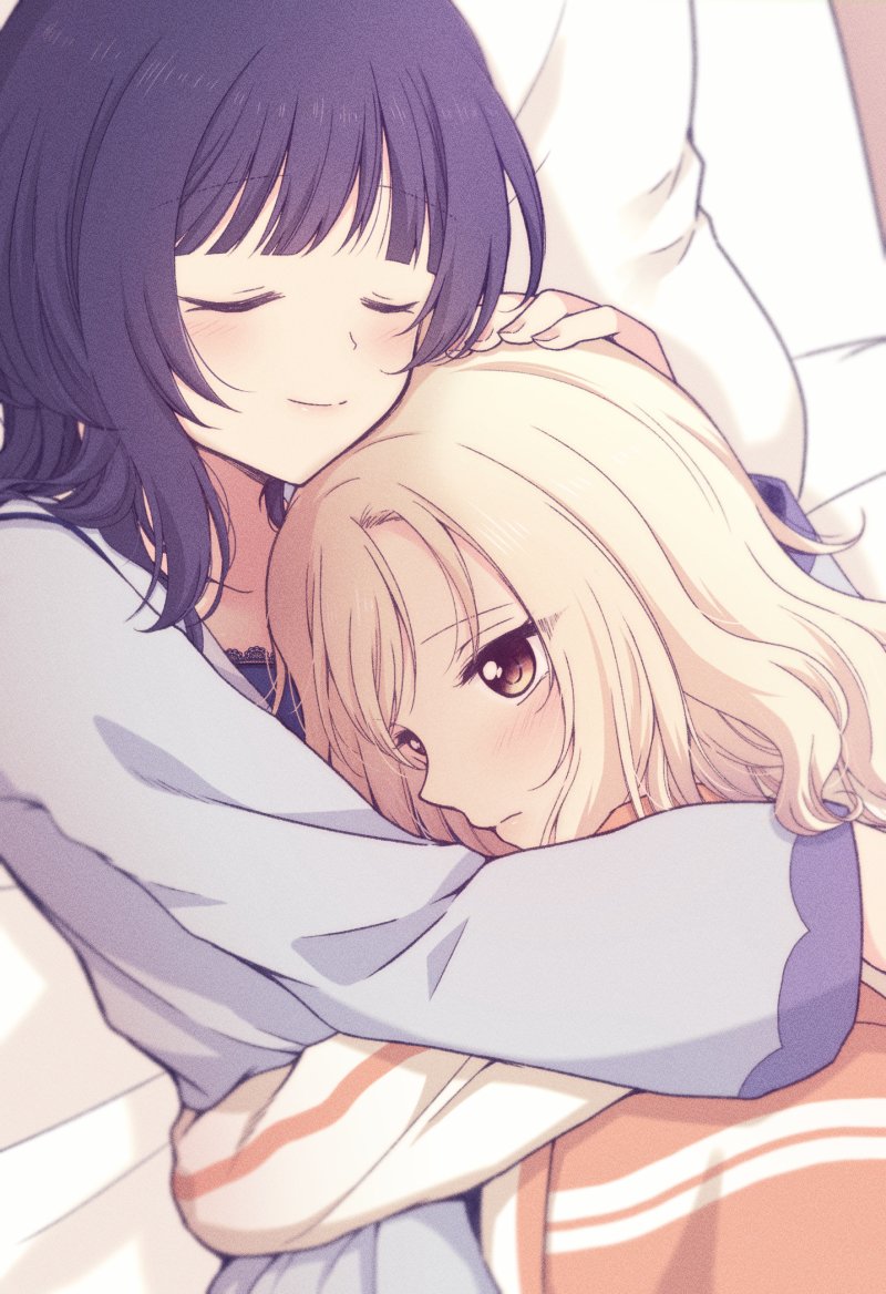 2girls, asaka_karin, blonde_hair, blue_hair, blunt_bangs, closed_eyes, closed_mouth, commentary_request