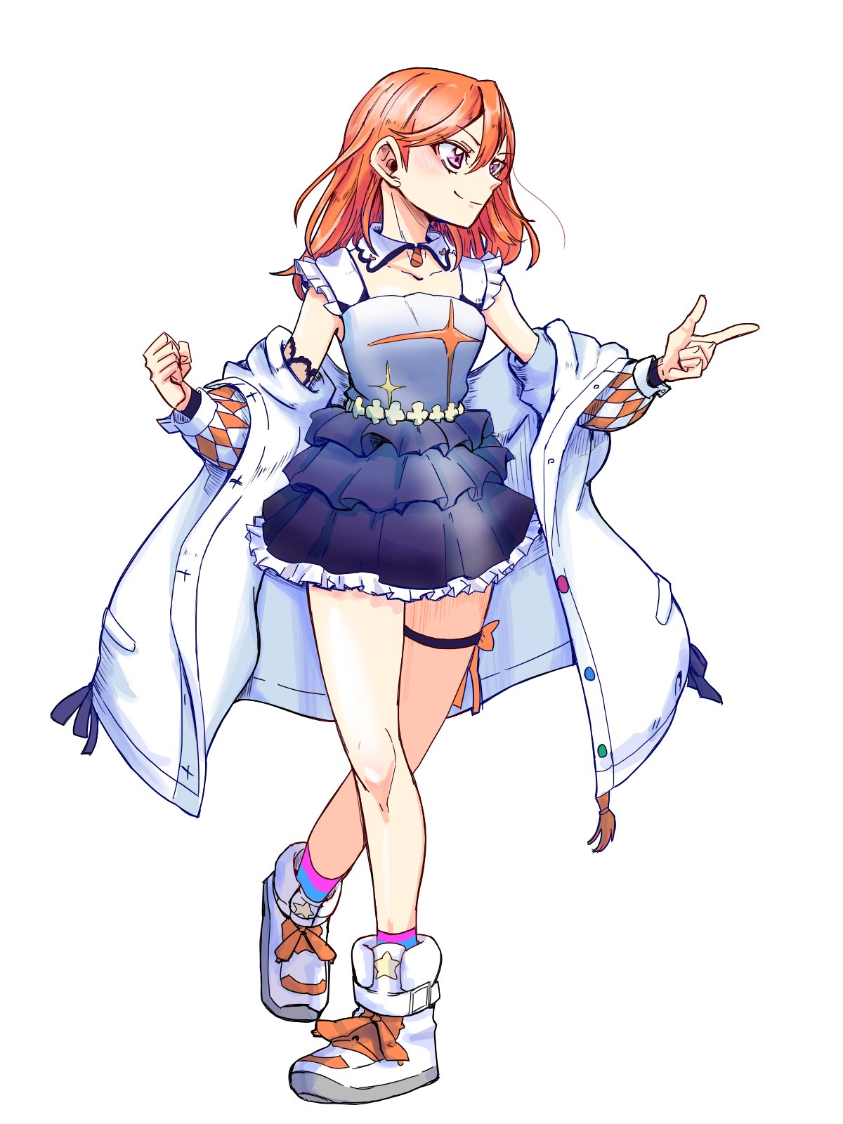 1girl, blue_dress, closed_mouth, collarbone, commentary_request, dress, frilled_dress, frills, full_body, gradient_clothes, gradient_dress, hajimari_wa_kimi_no_sora, highres, jacket, long_sleeves, looking_afar, love_live!, love_live!_superstar!!, medium_hair, mondashi0223, off_shoulder, orange_hair, shibuya_kanon, shoes, smile, solo, standing, standing_on_one_leg, thigh_strap, violet_eyes, white_background, white_footwear, white_jacket