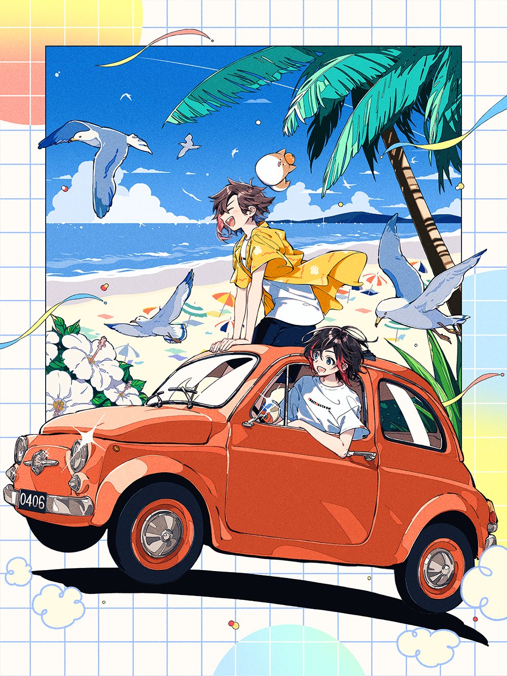 2boys, :d, animal, beach, bird, black_shorts, car, clouds