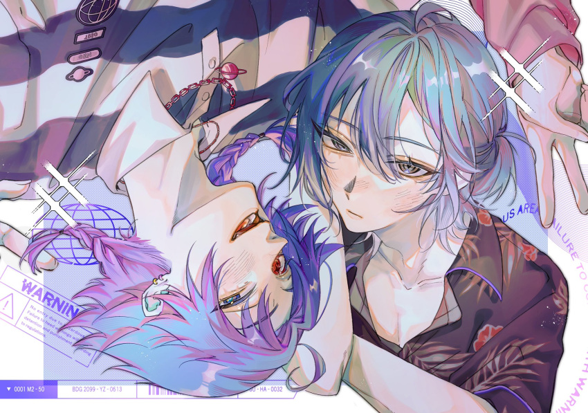 18trip, 2boys, ahoge, arm_on_own_head, arm_up, black_shirt, blush, braid