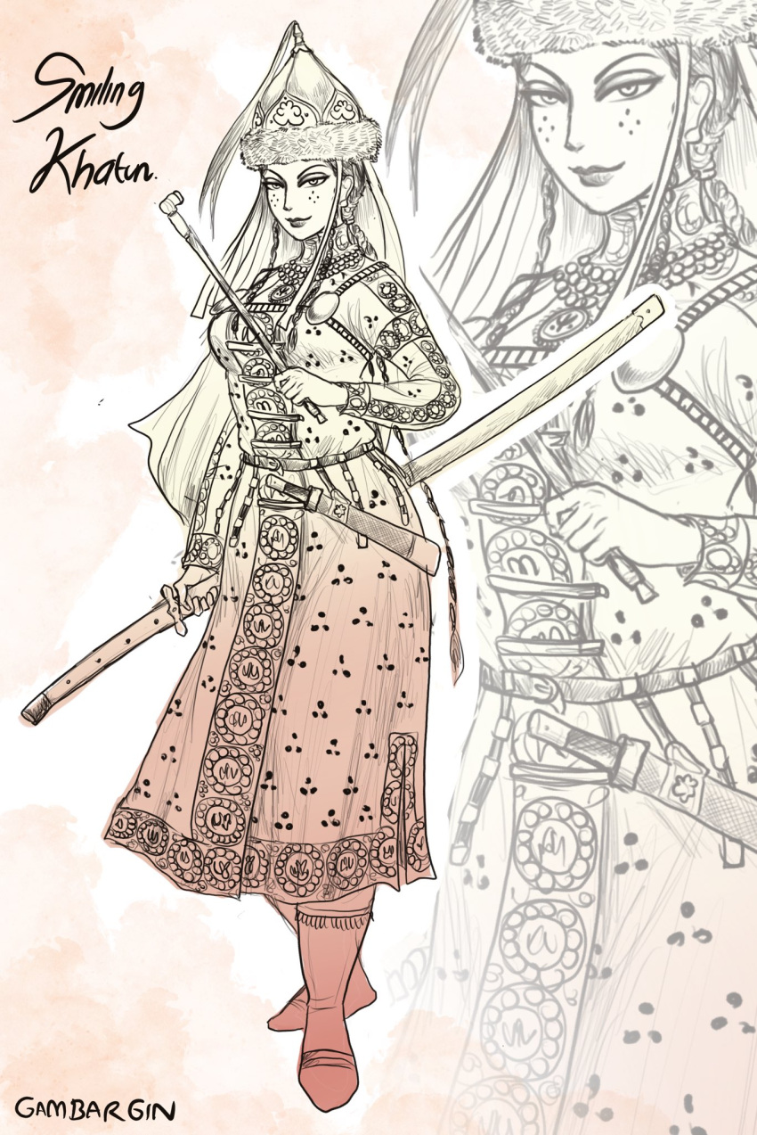 1girl, artist_name, braid, freckles, fur-trimmed_headwear, fur_trim, gambargin, hat, highres, holding, holding_weapon, looking_at_viewer, mongolian_clothes, original, ornate_clothes, partially_colored, ribbon, scabbard, sheath, sketch, smile, smoking_pipe, solo, sword, tassel, weapon, zoom_layer