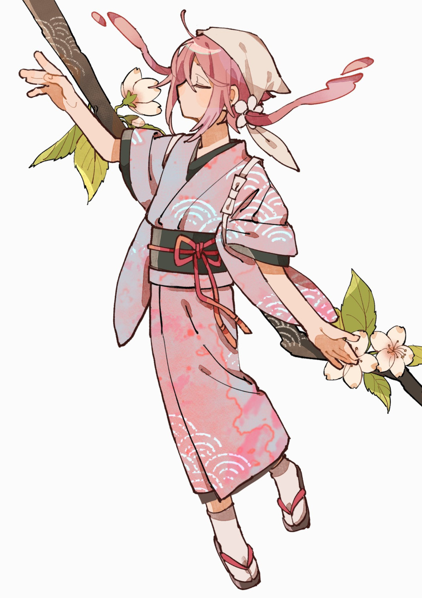 1girl, branch, closed_eyes, flat_chest, floating_hair, flower, flower_hairtie, full_body