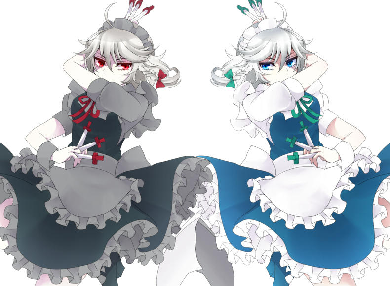 blue_eyes, braid, dual_persona, izayoi_sakuya, knife, maid, maid_headdress, multiple_girls