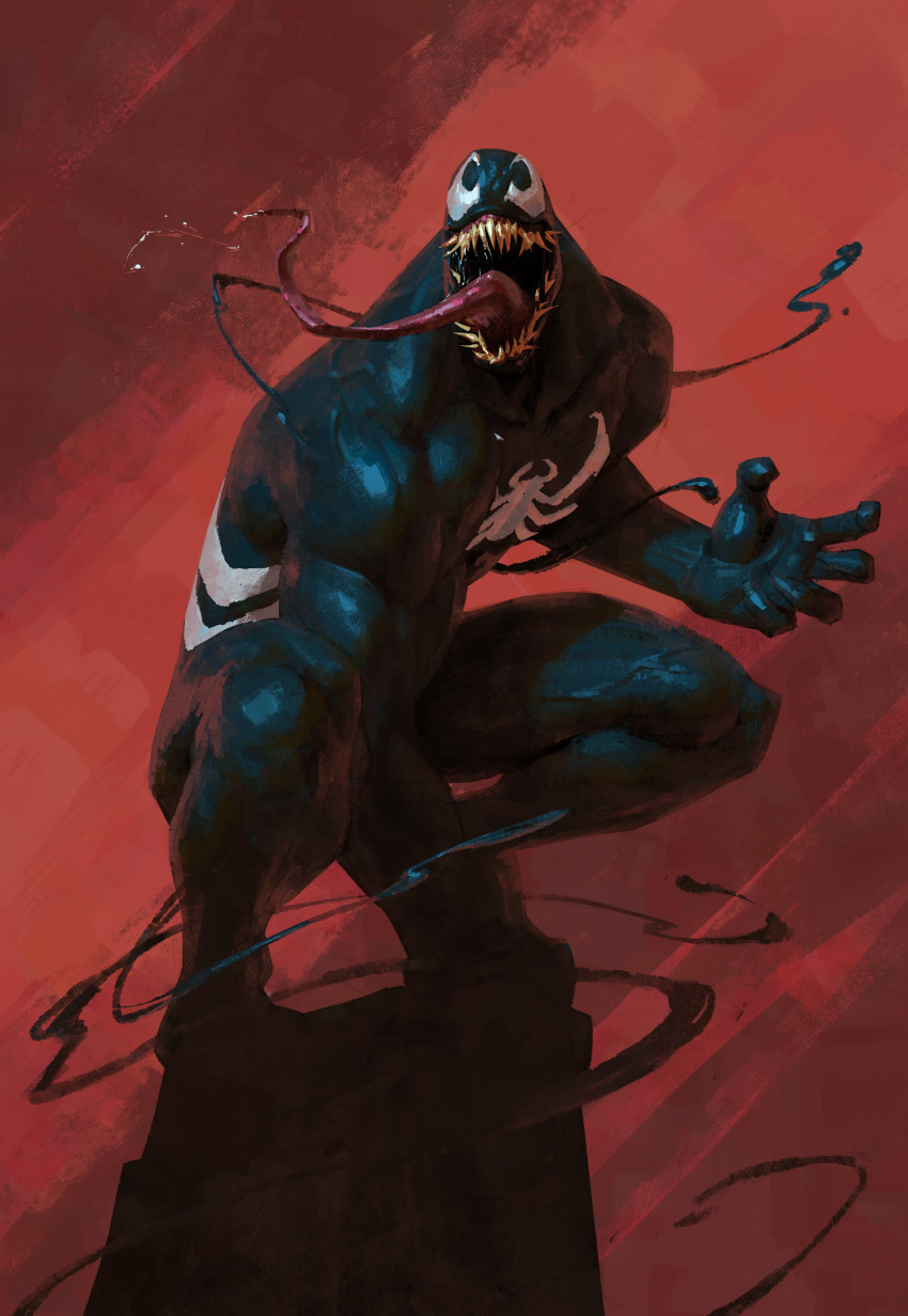 1boy, absurdres, animal_print, bodysuit, brush_stroke, deltoids, facing_viewer, fingernails, from_side, full_body, hand_on_floor, hand_up, highres, long_tongue, male_focus, marvel, muscular, muscular_male, open_mouth, portuguese_commentary, red_background, rock, saliva, sharp_fingernails, sharp_teeth, solo, spider-man_(series), spider_print, squatting, symbiote, teeth, tongue, tongue_out, trapezius, vegetalesirie, veins, venom_(marvel)