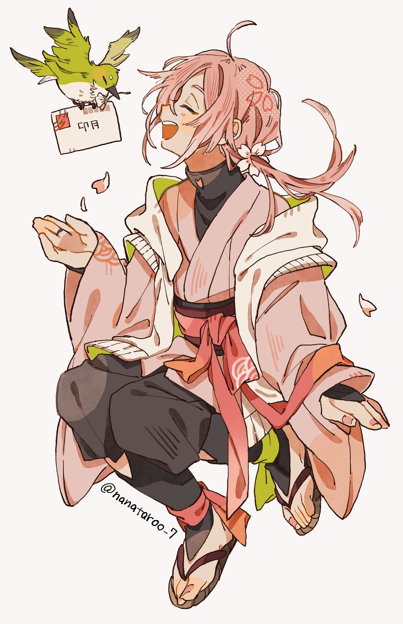 1other, :d, ahoge, androgynous, animal, bird, black_pants, black_shorts