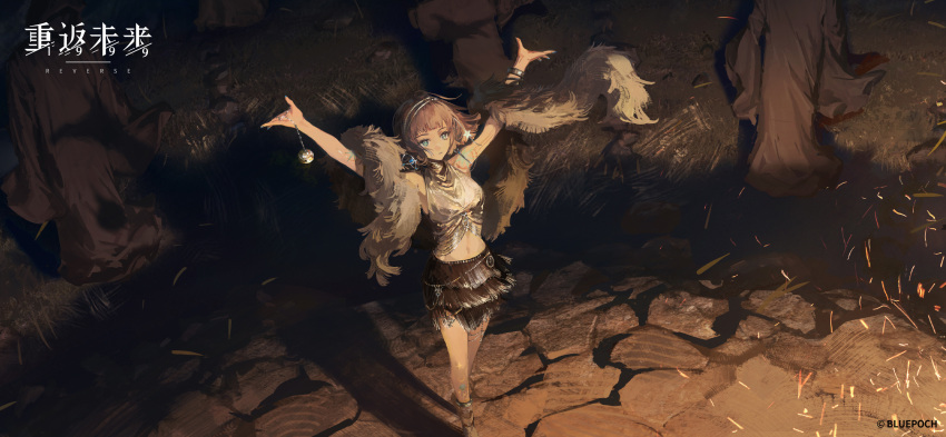 1girl, 3others, ankle_boots, aqua_eyes, arm_tattoo, arms_up, bare_shoulders, black_robe