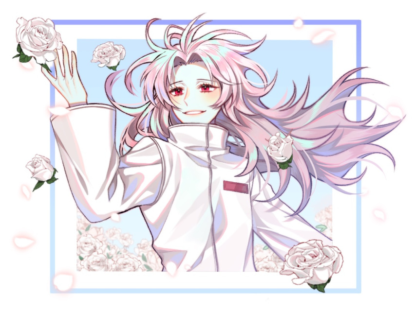 1boy, arm_up, field, floating_hair, flower, flower_field, hatsutori_hajime, high_collar
