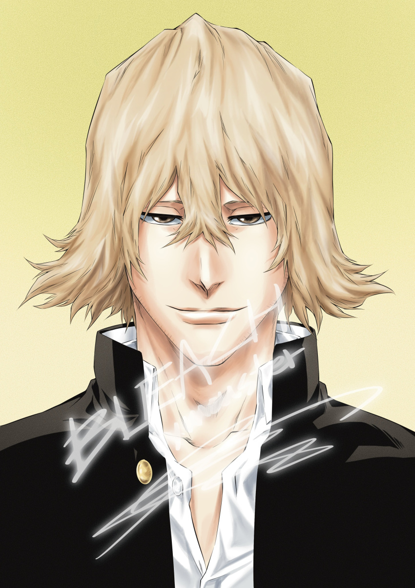 1boy, absurdres, artist_name, beard_stubble, black_jacket, bleach, blonde_hair, brown_eyes