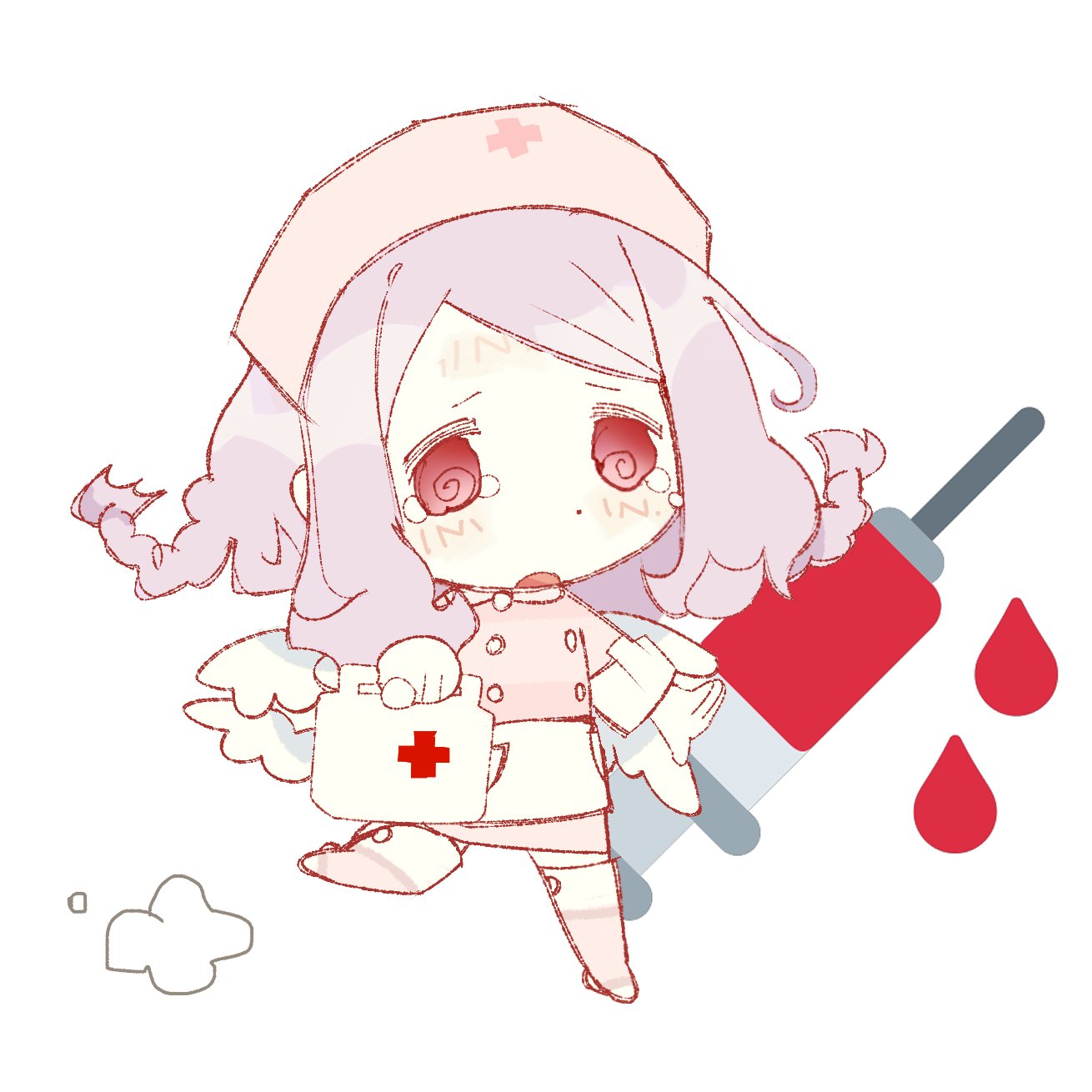 1girl, angel, braid, chibi, commentary, eclair234, first_aid_kit, funamusea