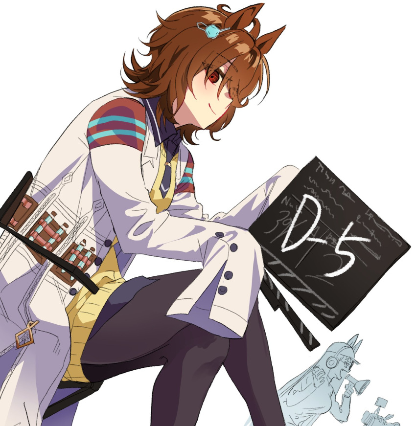 2girls, agnes_tachyon_(umamusume), ahoge, animal_ears, black_pantyhose, black_shirt, brown_hair, clapperboard