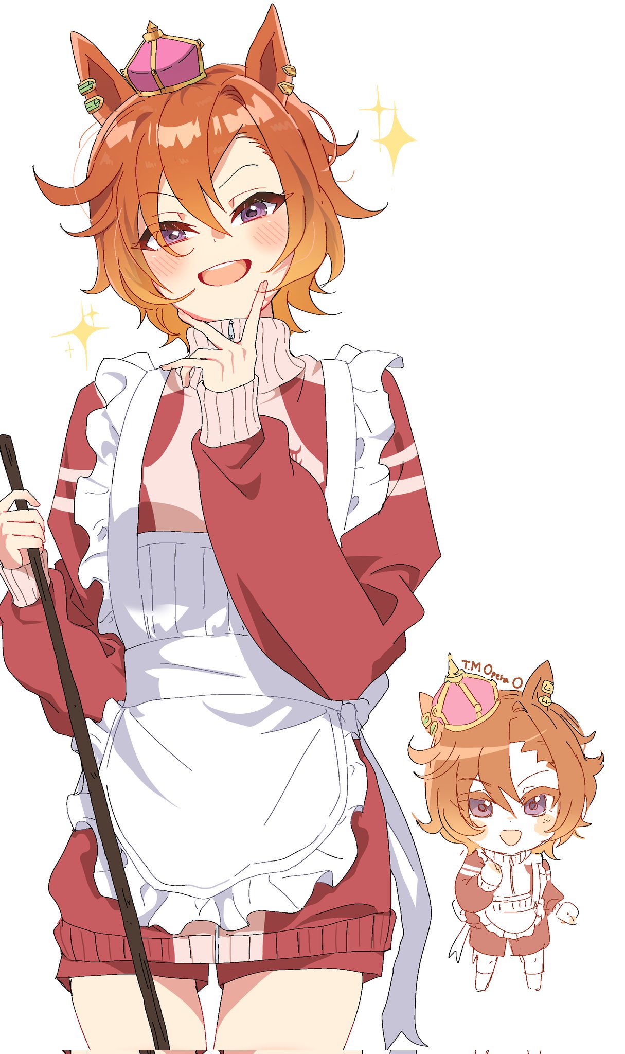 1girl, animal_ears, asymmetrical_bangs, blush, character_name, chibi, corrupted_twitter_file, crown, ear_piercing, hand_up, highres, horse_ears, jacket, jersey_maid, jjan-uyu, long_sleeves, looking_at_viewer, maid, mini_crown, multiple_views, open_mouth, orange_hair, piercing, red_jacket, red_shorts, short_hair, shorts, simple_background, sleeves_past_wrists, smile, solo, sparkle, standing, t.m._opera_o_(umamusume), track_jacket, umamusume, unconventional_maid, v_over_mouth, violet_eyes, white_background
