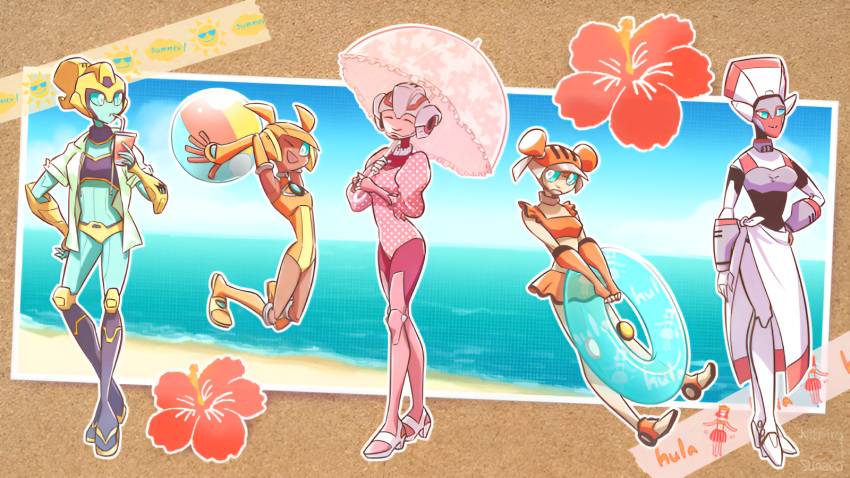 arcee, ball, beachball, blue_eyes, blue_sclera, colored_sclera, colored_skin, dark-skinned_female, dark_skin, elita_one, helmet, high_heels, highres, humanoid_robot, lickety_split, mijinkotail029, multiple_girls, one-piece_swimsuit, red_alert_(transformers), resized, robot, sari_sumdac, skirt, swimsuit, transformers, transformers_animated, umbrella, upscaled