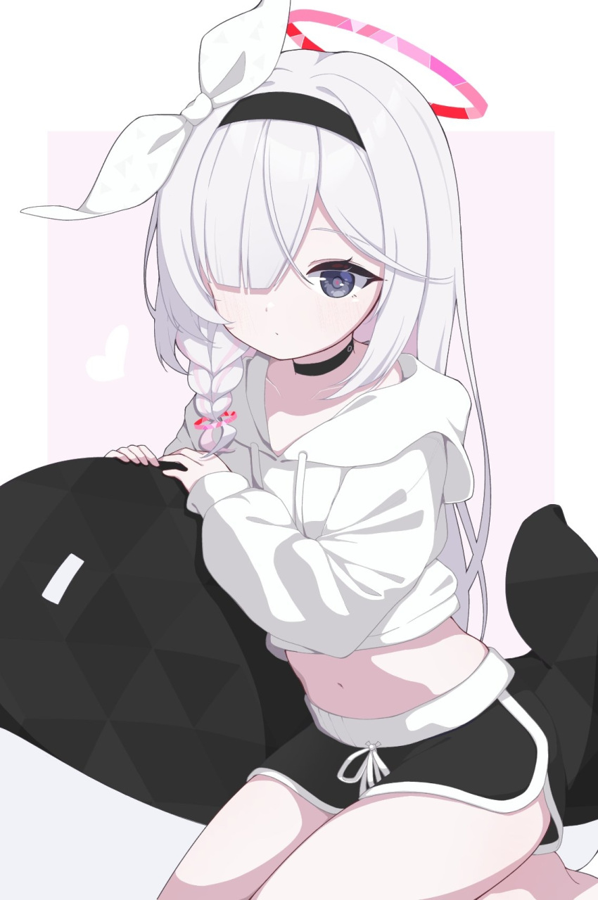 1girl, black_choker, black_eyes, blue_archive, bow, braid, choker, cinamon_(cinamori)