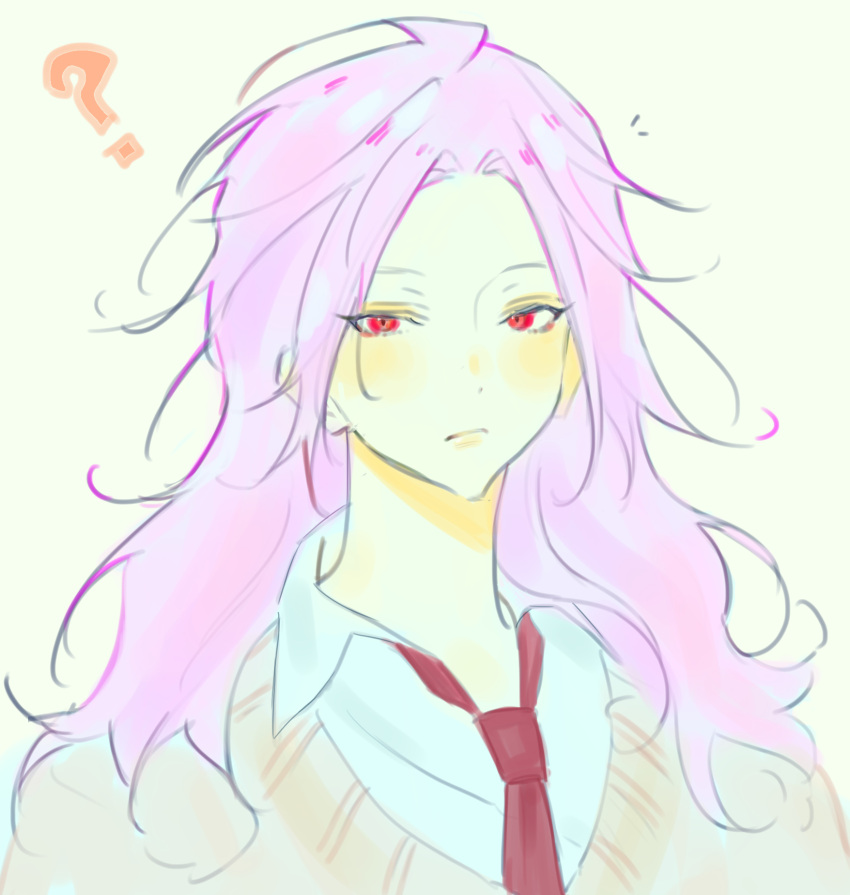 1boy, ?, alternate_costume, brown_sweater, closed_mouth, collared_shirt, commentary_request, hatsutori_hajime, highres, kaeh_12, long_hair, male_focus, necktie, open_collar, pink_hair, portrait, red_eyes, red_necktie, saibou_shinkyoku, shirt, simple_background, solo, sweater, white_background, white_shirt