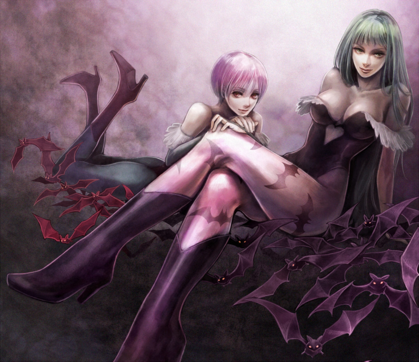 ass, bare_shoulders, bat, blue_pantyhose, boots, breasts, capcom, cleavage