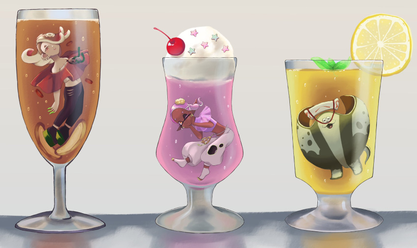 1boy, 2girls, big_man_(splatoon), black_pants, black_socks, cherry, chest_sarashi, commentary_request