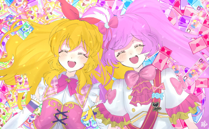 2girls, aikatsu!, aikatsu!_(series), ascot, blonde_hair, bow, card, closed_eyes