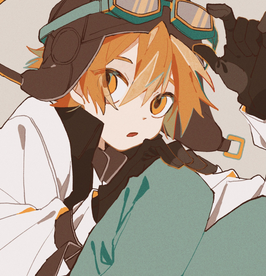 1boy, adjusting_eyewear, aviator_cap, black_gloves, brown_hat, datsugoku_(vocaloid), double-parted_bangs, eyes_visible_through_hair