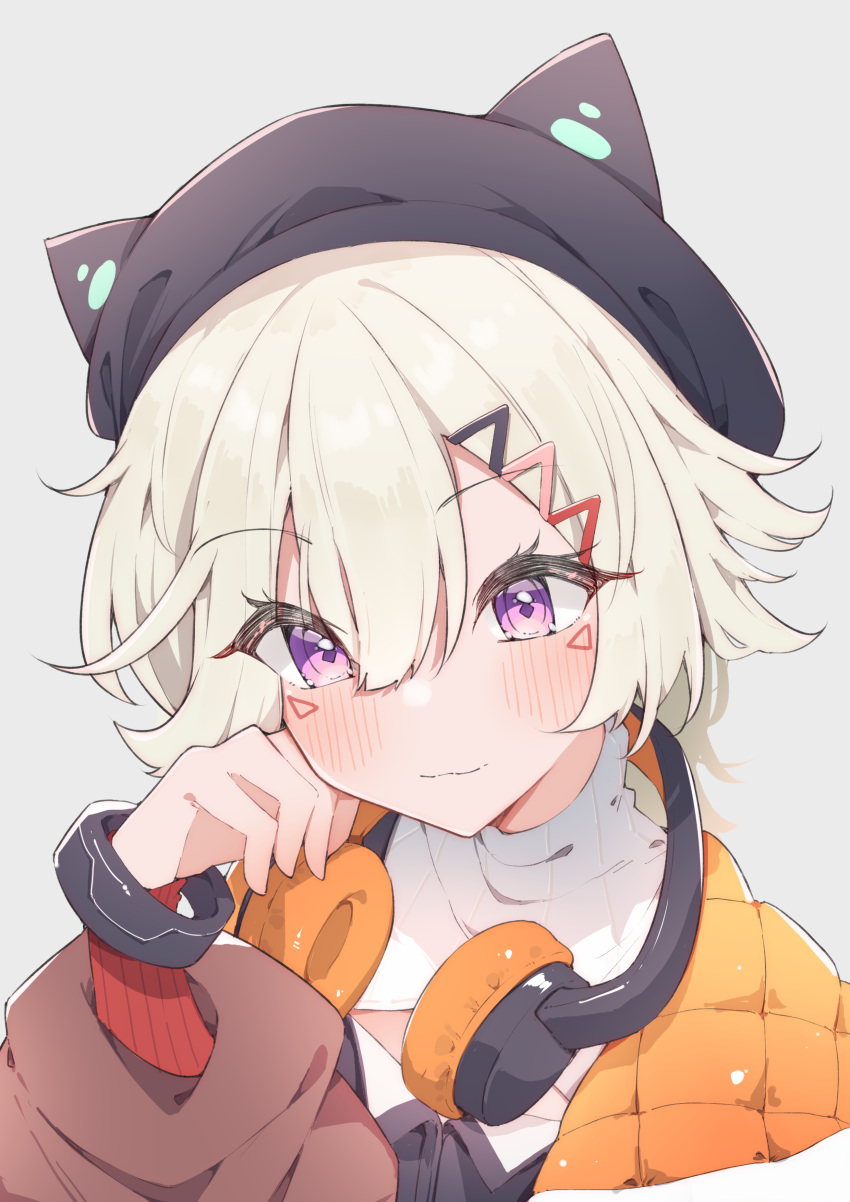 1girl, absurdres, airenif, animal_ear_headwear, black_hat, black_wristband, blonde_hair, blush, brown_sleeves, closed_mouth, commentary, diamond-shaped_pupils, diamond_(shape), double-parted_bangs, eyes_visible_through_hair, grey_background, hair_between_eyes, hair_ornament, hairclip, hand_on_own_cheek, hand_on_own_face, hand_up, hat, head_rest, head_tilt, headphones, headphones_around_neck, highres, jacket, komori_met, komori_met_(5th_costume), light_smile, long_sleeves, looking_at_viewer, marking_on_cheek, medium_hair, multicolored_clothes, multicolored_jacket, orange_jacket, portrait, quilted_jacket, raised_eyebrows, red_sleeves, shirt, simple_background, solo, symbol-shaped_pupils, thick_eyelashes, triangle_facial_mark, triangle_hair_ornament, turtleneck, turtleneck_shirt, violet_eyes, virtual_youtuber, vspo!, white_shirt