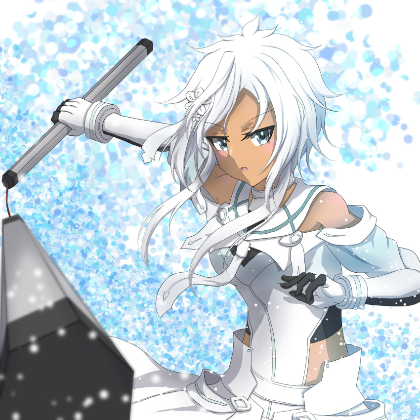 1girl, akagi_yutaka, bare_shoulders, blue_eyes, dark-skinned_female, dark_skin, elbow_gloves, gloves