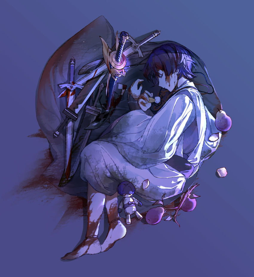 1boy, backlighting, barefoot, blood, blood_on_face, blood_on_feet, blood_on_leg, character_doll