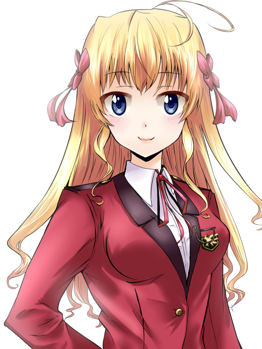 antenna_hair, blonde_hair, blue_eyes, blush, bow, bust, colored, fortune_arterial