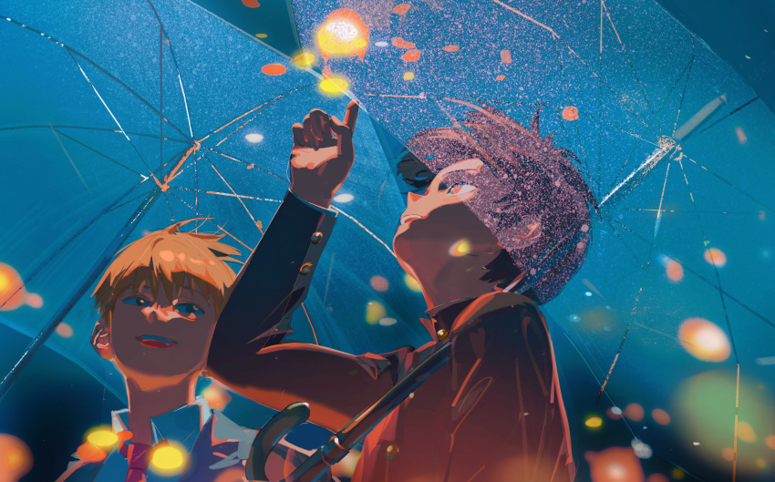 2boys, absurdres, ainimo5, black_eyes, black_hair, black_jacket, blonde_hair, blurry