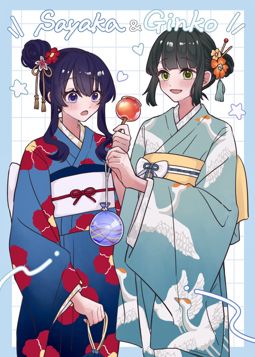 2girls, :d, :o, animal_print, aqua_kimono, bird, bird_print, black_hair