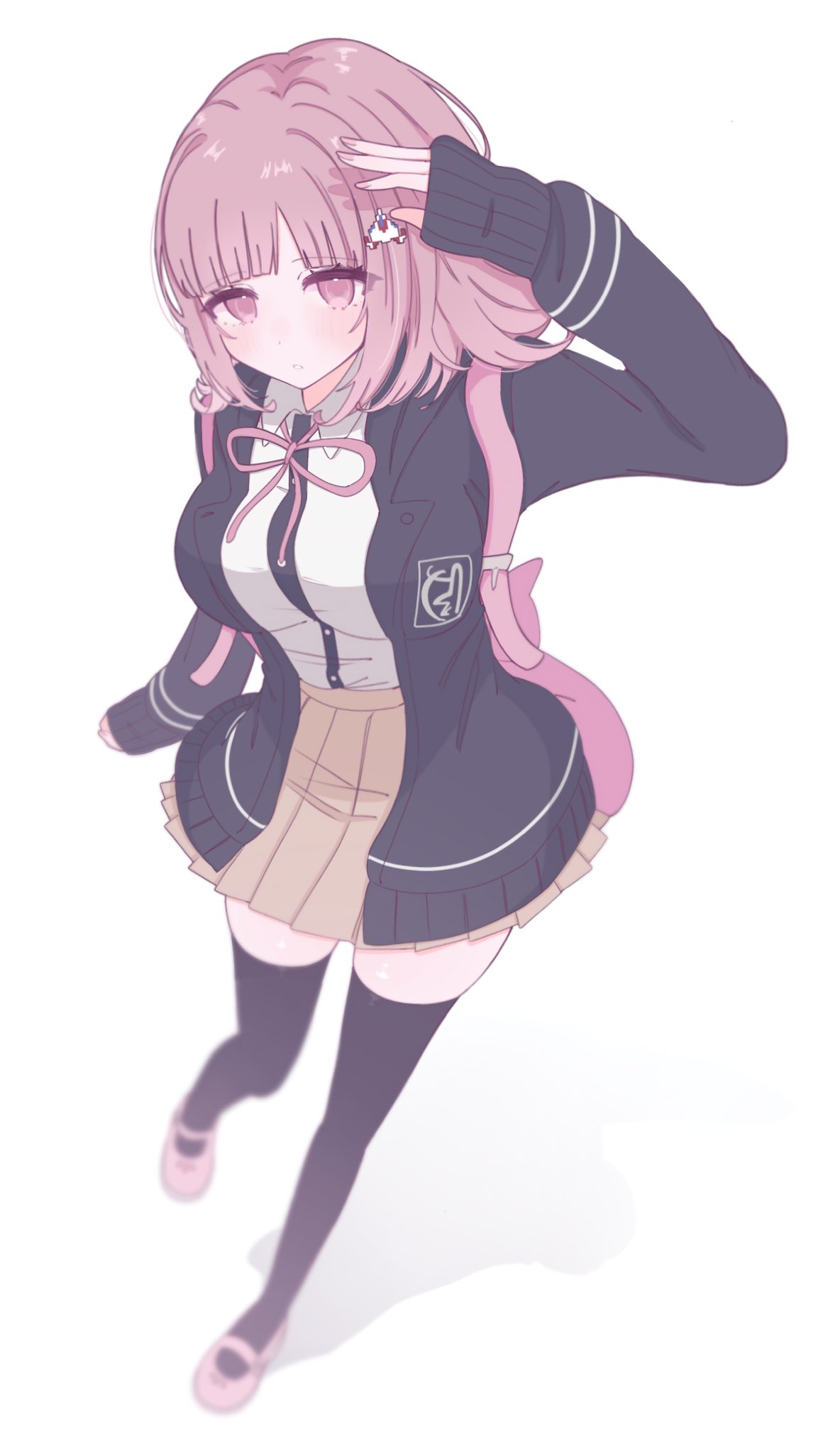 1girl, arm_up, black_thighhighs, breasts, brown_hair, brown_skirt, chi_gu, collared_shirt