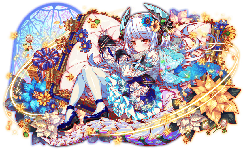 alternate_bangs, alternate_costume, alternate_hair_color, alternate_tail, aqua_flower, artist_request, black_sleeve_cuffs, blue_footwear